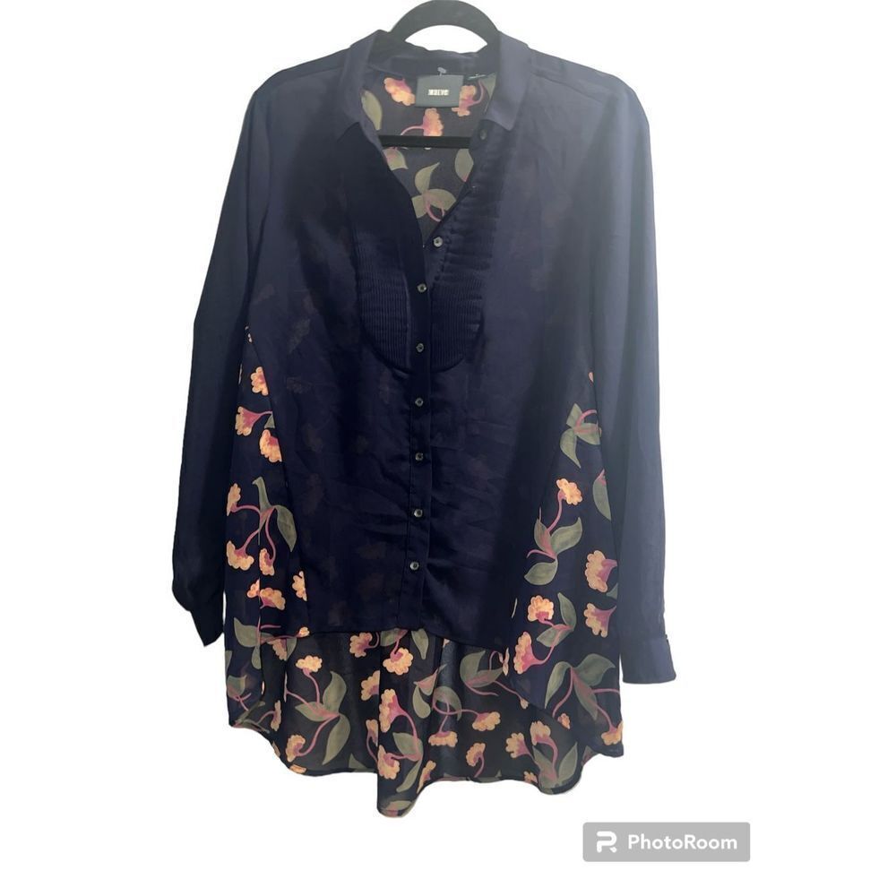 ✨Anthropologie Maeve Ira Navy Blue Pleat Front Floral Hi Low Button Sz 8 Blouse✨ - Picture 6 of 14